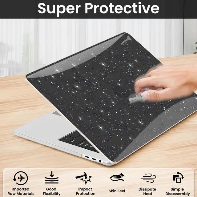 Alt view image 5 of 5 - QJUZO for MacBook Pro 13 inch Case 2025-2023 M2 2022-2016 M1 A2338/A2289/A2251/A2159/A1989/A1708/A1706, Glitter Sturdy Hard Shell Cover with Screen & Keyboard Cover for Touch Bar/Non-Touch Bar, Black