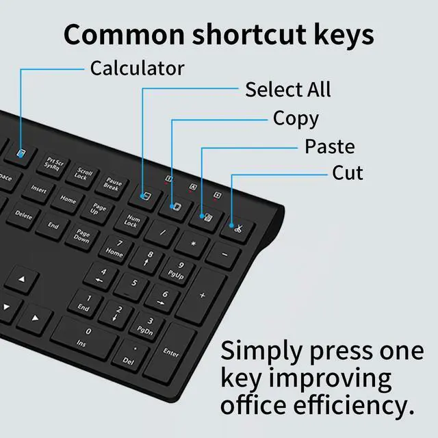 Alt view image 4 of 5 - Wireless Keyboard and Mouse Combo, Silent Full-Size Computer Keyboard with Calculator Button, 2400 DPI Mice, Quiet Click, Slim Cordless USB Set for Laptop PC Windows Mac - Black