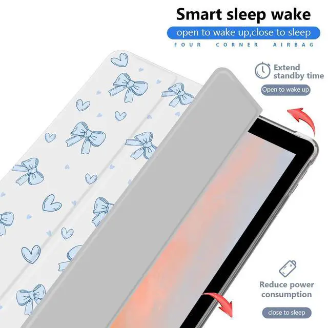 Alt view image 3 of 5 - JOYLAND Cute Blue Bowknot Case for iPad Air/iPad Air 2 9.7 Inch with Pencil Holder Aesthetic Bow Girly White Cover Auto Wake/Sleep Foldable Shockproof Case