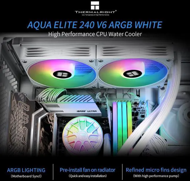 Alt view image 2 of 4 - Thermalright Aqua Elite 240 V6 ARGB White AIO CPU Cooler, ARGB PWM Cooler Fans with 2000RPM, for Intel Lga1150/1151/1155/1156/1200/2011/1700/1851, AMD: AM4/AM5, Case 240mm AIO Radiator