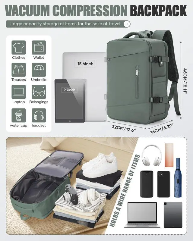 Alt view image 2 of 5 - Travel Vacuum Backpack Air Vacpack Seal Packing Backpack with Pump Storage Vacuum Compression Seal Bags Carrry on Flight Approved Personal Item Compression Laptop Work Back Pack Dark Green