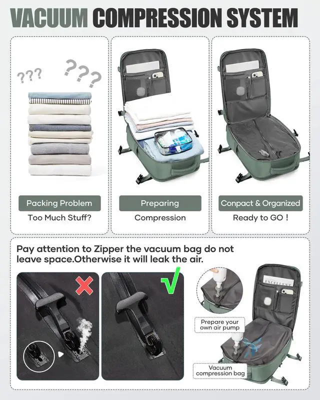 Alt view image 5 of 5 - Travel Vacuum Backpack Air Vacpack Seal Packing Backpack with Pump Storage Vacuum Compression Seal Bags Carrry on Flight Approved Personal Item Compression Laptop Work Back Pack Dark Green