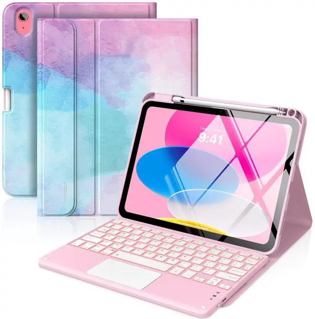 Main image of MoKo Touch Keyboard Case for iPad (A16) 11th Generation 11 inch 2025, iPad 10th Generation 10.9 inch Case with Pencil Holder, 7 Colors Backlit Multi-TrackPad Detachable Bluetooth Keyboard, Water Color