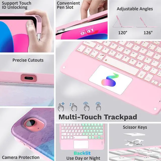 Alt view image 3 of 5 - MoKo Touch Keyboard Case for iPad (A16) 11th Generation 11 inch 2025, iPad 10th Generation 10.9 inch Case with Pencil Holder, 7 Colors Backlit Multi-TrackPad Detachable Bluetooth Keyboard, Water Color