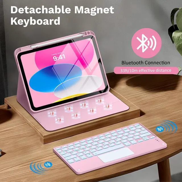 Alt view image 4 of 5 - MoKo Touch Keyboard Case for iPad (A16) 11th Generation 11 inch 2025, iPad 10th Generation 10.9 inch Case with Pencil Holder, 7 Colors Backlit Multi-TrackPad Detachable Bluetooth Keyboard, Water Color