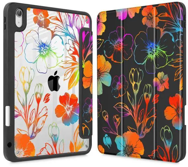 Main image of Tuiklol for 2025 iPad (A16 Chip) 11th Generation 11 inch/iPad 10th Generation 10.9 inch 2022 Case, Buit in Pencil Holder with Clear Back Shell Cover Trifold Stand Auto Wake/Sleep,Color Flower Black