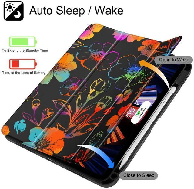 Alt view image 2 of 5 - Tuiklol for 2025 iPad (A16 Chip) 11th Generation 11 inch/iPad 10th Generation 10.9 inch 2022 Case, Buit in Pencil Holder with Clear Back Shell Cover Trifold Stand Auto Wake/Sleep,Color Flower Black