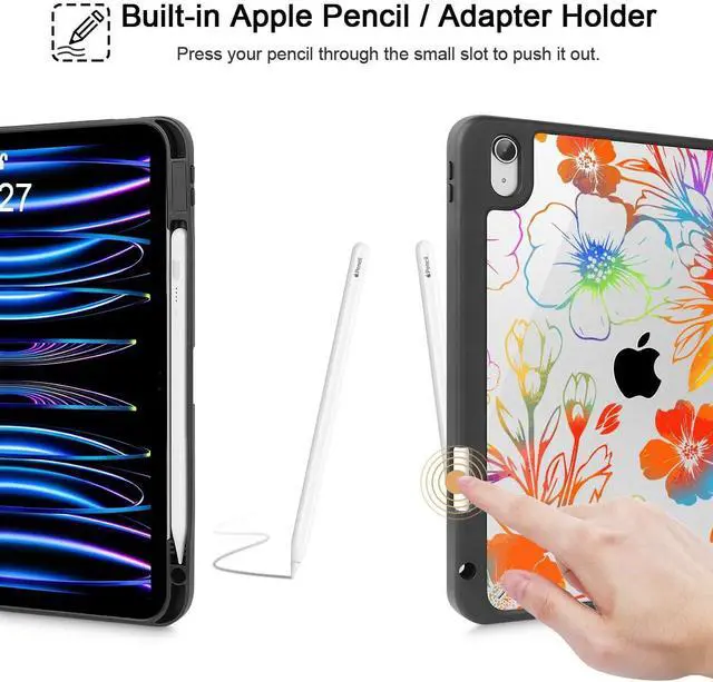 Alt view image 4 of 5 - Tuiklol for 2025 iPad (A16 Chip) 11th Generation 11 inch/iPad 10th Generation 10.9 inch 2022 Case, Buit in Pencil Holder with Clear Back Shell Cover Trifold Stand Auto Wake/Sleep,Color Flower Black