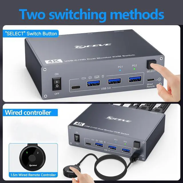 Alt view image 5 of 5 - USB C HDMI KVM Switch for 1 Desktop+1 Laptop, Dual Monitor KVM Switch 4K@60Hz Support PD with USB C Cable, Wired Controller and Power Adapter