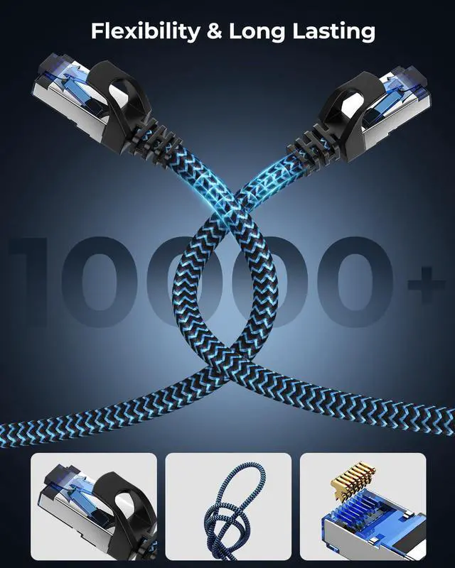 Alt view image 4 of 5 - CABNEER Cat8 Ethernet Cable 60 ft 1 Pack, High Speed 40Gbps 2000MHz, Braided, Blue, Compatible with Router, Modem, Laptop, PC, Gaming