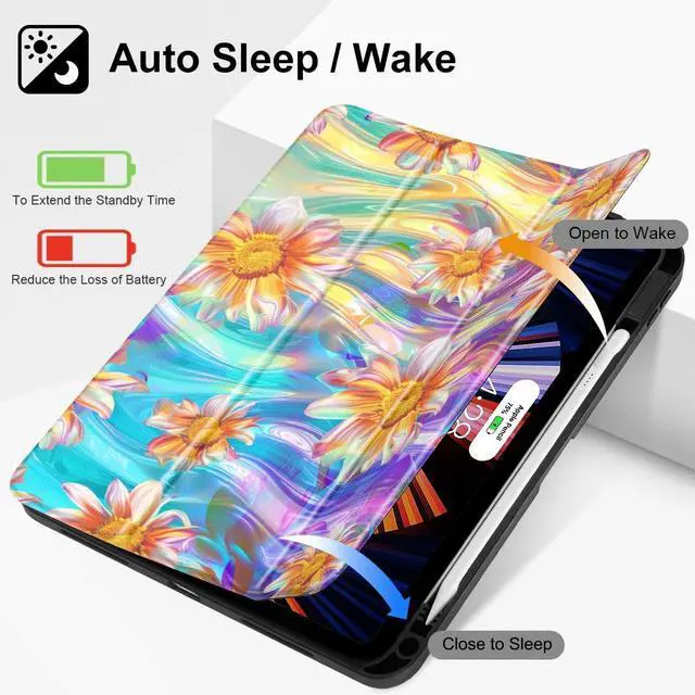 Alt view image 3 of 5 - Mektron Case for iPad Air 11 inch (M3 2025 7th /M2 2024 6th), Compatible with iPad Air 10.9" (2022 5th Gen /2020 4th Gen) Tablet Cover with Pencil Holder + Auto Wake/Sleep, Classic Painted Flowers