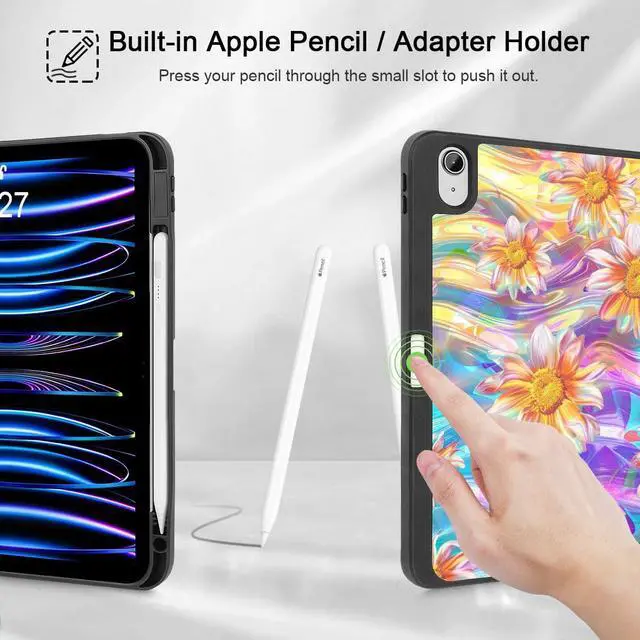 Alt view image 4 of 5 - Mektron Case for iPad Air 11 inch (M3 2025 7th /M2 2024 6th), Compatible with iPad Air 10.9" (2022 5th Gen /2020 4th Gen) Tablet Cover with Pencil Holder + Auto Wake/Sleep, Classic Painted Flowers