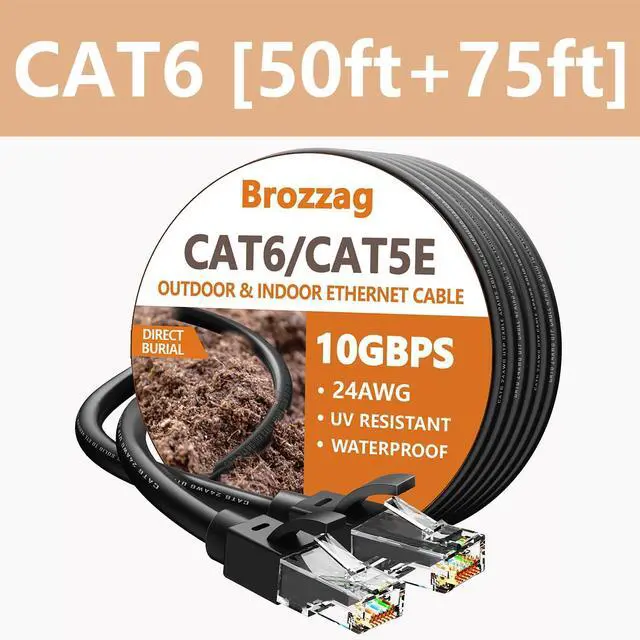 Main image of Brozzag Cat6 Ethernet Cable, (Cat6 50ft & Cat6 75ft), 10Gbps 24AWG Cat6 Network Cable, Direct Burial Cable, UTP, LLDPE, RJ45 Patch LAN Cord, Waterproof, Indoor&Outdoor, Cat5E Internet Cable
