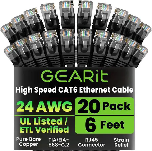 Main image of GearIT Cat 6 Ethernet Cable Pack - 20-Pack 6 ft Cat6 Ethernet Patch Cables | RJ45 Network Patch Cable, 10 Gbps Snagless Gold-Plated Connectors - Ethernet Cable Cat 6 for PC, TV, Router - Black
