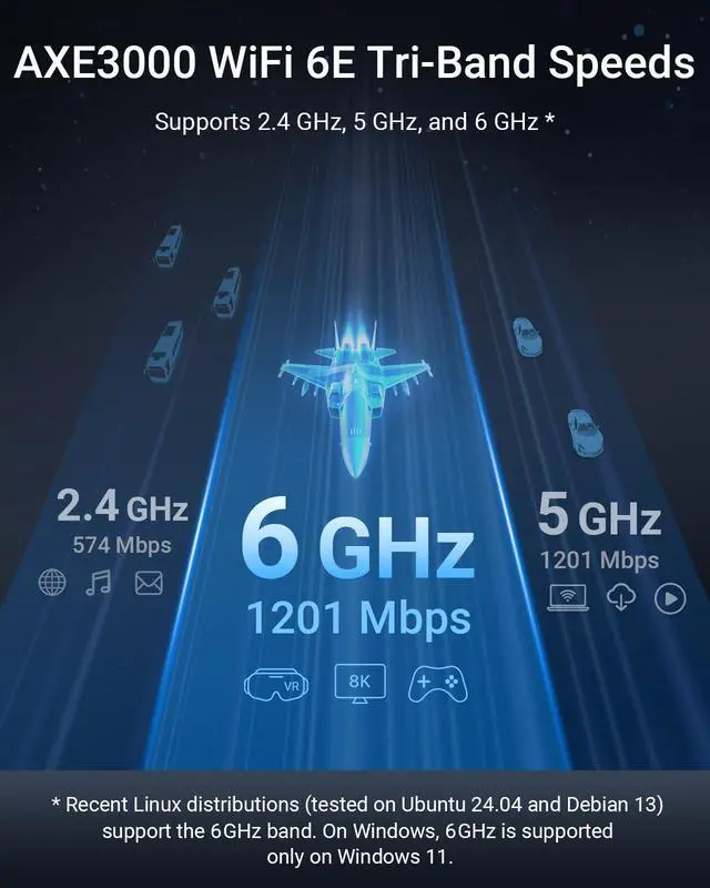 Alt view image 4 of 5 - BrosTrend AXE3000 Tri-Band Linux WiFi Adapter Plug & Play for Ubuntu, Fedora, Mint, Debian, Arch, Kali, Manjaro, openSUSE, Raspberry Pi OS etc. Linux USB WiFi Adapter for PC, WiFi-6E 6GHz /5GHz/2.4GHz