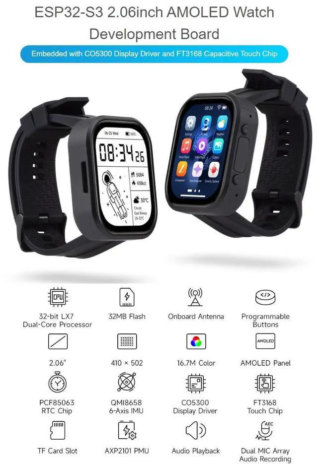 Alt view image 2 of 5 - waveshare ESP32-S3 2.06inch AMOLED Touch Watch Development Board Based on ESP32-S3R8 Microcontroller, Supports Offline Voice Recognition and AI Speech Interaction