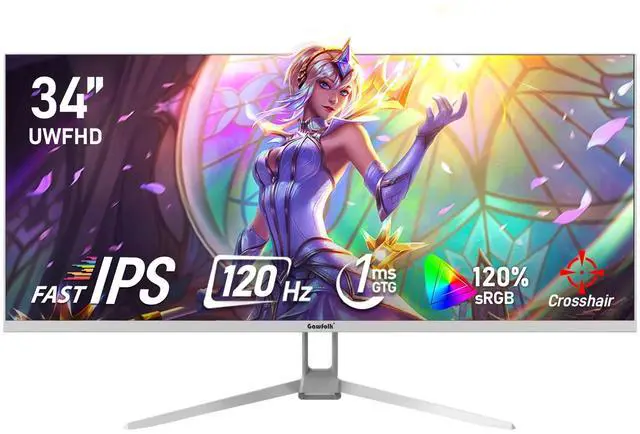 Main image of Gawfolk 34 Inch IPS Ultrawide 120Hz Gaming Computer Monitor, 21:9 UWFHD (2560x1080) PC Screen, 120% sRGB, Adaptive Sync, 178° Viewing Angle, Display Port, HDMI, Compatible with Wall mounting - White