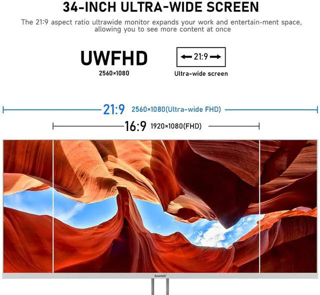 Alt view image 2 of 5 - Gawfolk 34 Inch IPS Ultrawide 120Hz Gaming Computer Monitor, 21:9 UWFHD (2560x1080) PC Screen, 120% sRGB, Adaptive Sync, 178° Viewing Angle, Display Port, HDMI, Compatible with Wall mounting - White