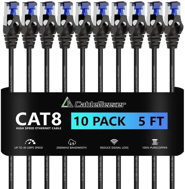 Main image of CableGeeker Patch Cables Cat8 5ft 10 Pack Slim, Cat8 Ethernet Patch Cable 40G 2000MHz Support, Snagless RJ45 Cat 8 Patch Cable for Patch Panel to Switch, Flexiable Network Cable - 5 Feet Black