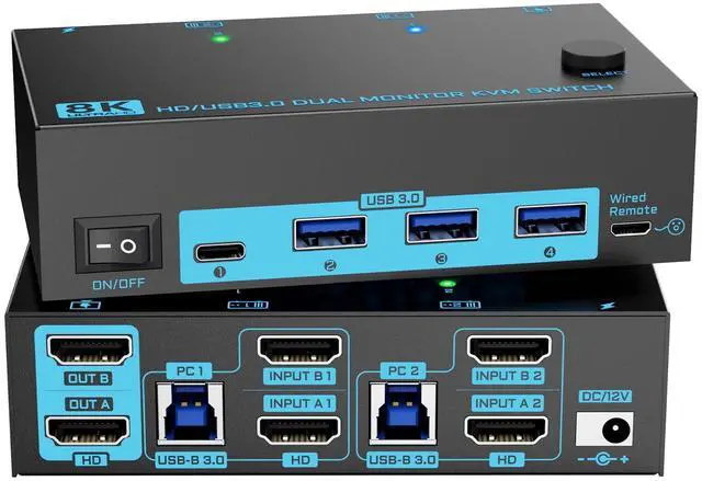 Main image of 8K Dual Monitor KVM Switch Dual HDMI 2.1 2 Monitors 2 Computers 2 in 2 Out 4 Port USB 3.0 8K@60Hz/4K@120Hz KVM Switches Wired Desktop Controller & 2 USB 3.0 Cables Included