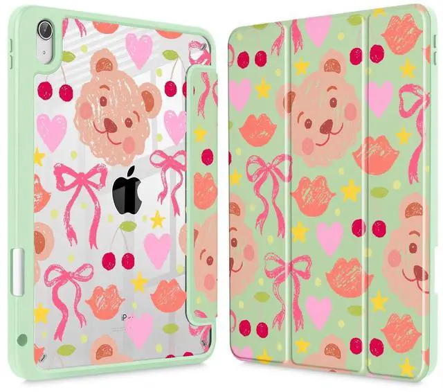 Main image of Mektron Case for 2025 iPad 11 inch (A16 Chip) 11th Gen Fit iPad 10th Gen10.9 inch 2022, Buit in Pencil Holder with Shockproof Cover Clear Shell + Trifold Stand + Auto Wake/Sleep, Teddy Bow-Green
