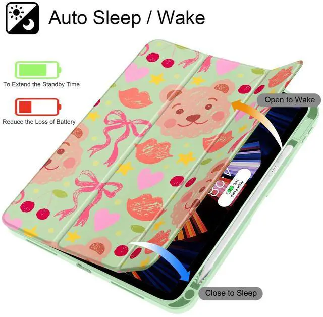Alt view image 3 of 5 - Mektron Case for 2025 iPad 11 inch (A16 Chip) 11th Gen Fit iPad 10th Gen10.9 inch 2022, Buit in Pencil Holder with Shockproof Cover Clear Shell + Trifold Stand + Auto Wake/Sleep, Teddy Bow-Green