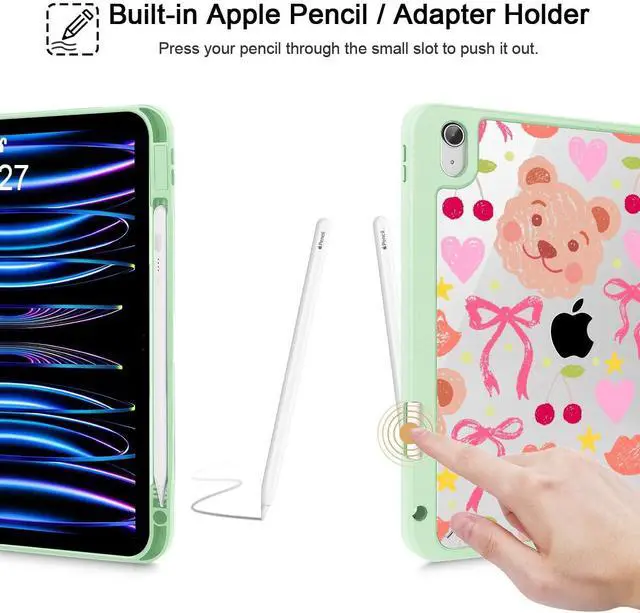 Alt view image 5 of 5 - Mektron Case for 2025 iPad 11 inch (A16 Chip) 11th Gen Fit iPad 10th Gen10.9 inch 2022, Buit in Pencil Holder with Shockproof Cover Clear Shell + Trifold Stand + Auto Wake/Sleep, Teddy Bow-Green