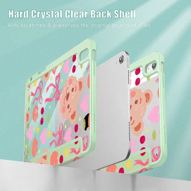 Alt view image 4 of 5 - Mektron Case for 2025 iPad 11 inch (A16 Chip) 11th Gen Fit iPad 10th Gen10.9 inch 2022, Buit in Pencil Holder with Shockproof Cover Clear Shell + Trifold Stand + Auto Wake/Sleep, Teddy Bow-Green