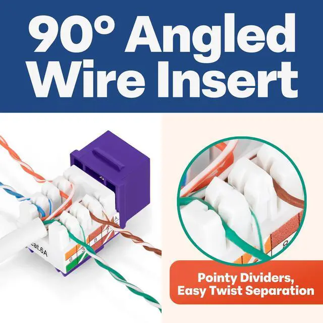 Alt view image 3 of 5 - Everest 90° Angled RJ45 Cat6A Keystone Jacks 50-Pack in Purple - Slim Profile Female RJ45 Connectors - Cat 6A Keystone Jack - Compatible with 90° Angled Speed Termination Tool - easyJACK (B094WB91H3)