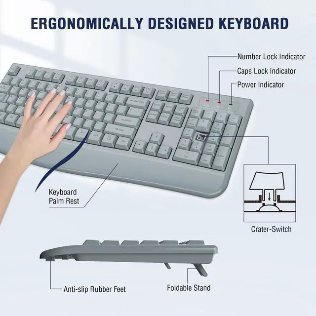 Alt view image 4 of 5 - Wireless Keyboard and Mouse Combo, EDJO 2.4G Full-Sized Ergonomic Computer Keyboard with Wrist Rest and 3 Level DPI Adjustable Wireless Mouse for Windows, Mac OS Desktop/Laptop/PC(Grey)
