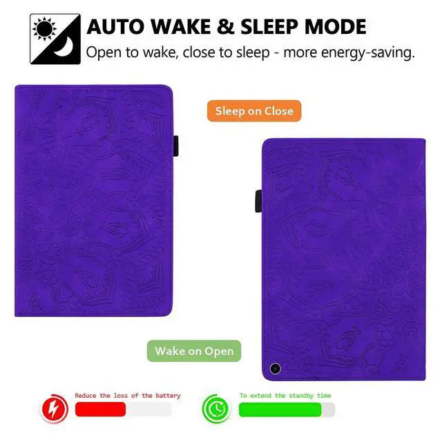 Alt view image 2 of 5 - Smart Case Compatible with Amazon Fire HD 10 (11th Gen) 2021, Techcircle Mandala Embossed PU Leather Folio Stand Soft TPU Back Cover Slim Lightweight Protective Case with Card Slots+Pen Holder, Purple