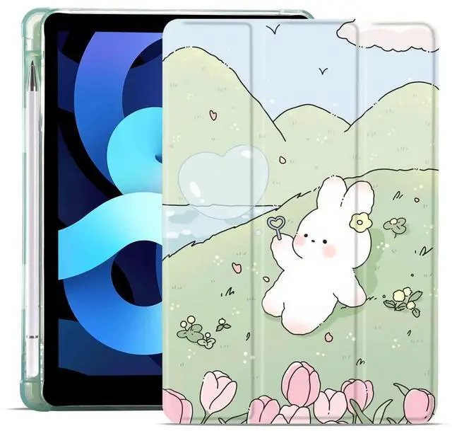 MAYCARI Cartoon Rabbit Flower Case for iPad Pro 11 Inch Case 2022/2021/2020 with Pencil Holder, Cute Animal iPad Pro 4th/3rd/2nd Generation Case with Soft TPU Green, Auto Sleep/Wake Slim Shell