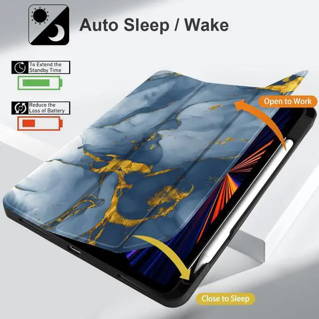 Alt view image 5 of 5 - Yebiseven for M2/M1 iPad Pro 12.9 inch Case 6th/5th/4th/3rd Gen 2022 2021 2020 2018, Shockproof Tablet Case with Pencil Holder & Trifold Stand & Soft TPU Back Cover, Ink Marble