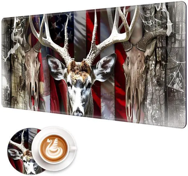Main image of FXIANGWL XXL Gaming Mouse Pad, Extra Large Waterproof Desk Mat for Office Gaming, Non-Slip Rubber Base Durable Stitched Edge, Easy to Clean, Deer Skull American Flag
