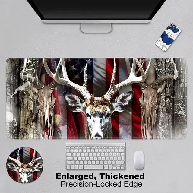 Alt view image 3 of 5 - FXIANGWL XXL Gaming Mouse Pad, Extra Large Waterproof Desk Mat for Office Gaming, Non-Slip Rubber Base Durable Stitched Edge, Easy to Clean, Deer Skull American Flag
