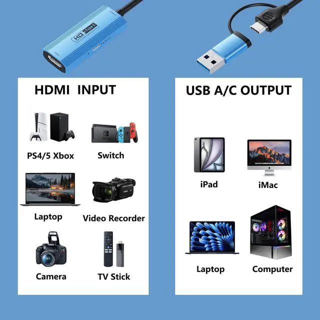 Alt view image 2 of 5 - Portable 4K HDMI to USB-A/USB-C 3.0 Video Capture Card with 100W PD Fast Charging, Low Latency for Live Streaming,Gaming,and Recording (Compatible OBS, PC, Mac, PS5, Xbox, iPhone 15) Mac/Windows/Linux