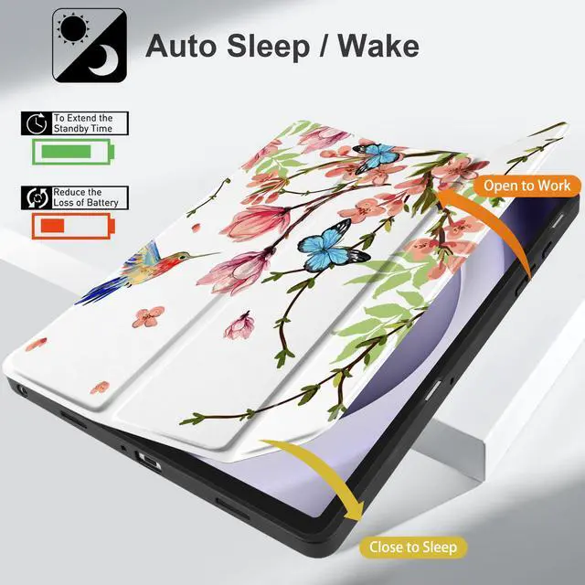 Alt view image 3 of 5 - MEEgoodo Case for Samsung Galaxy Tab A9 Plus 11 inch Cover 2024 2023 with S Pen Holder, A9+ Smart Tablet Cases with Leather Trifold Stand+Soft TPU Back Shell+Smart Auto Wake/Sleep, Birds & Flowers