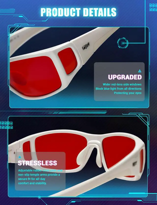 Alt view image 5 of 5 - TIJN Sleep Glasses for Blue & Green Light Blocking,Red Lens Dual AR Coating,Wraparound Oversized for Screen,Computer & Gaming