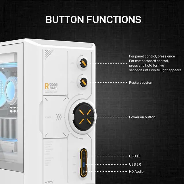 Alt view image 2 of 5 - ALSEYE Rams2.0 Mid Tower PC Case Micro-ATX/ITX MATX Tempered Glass Side Panel, ARGB Control Dust Filters Support 180mm CPU Cooler/305mm GPU/160mm PSU 6x120mm Fans 240mm Top Radiator (White)