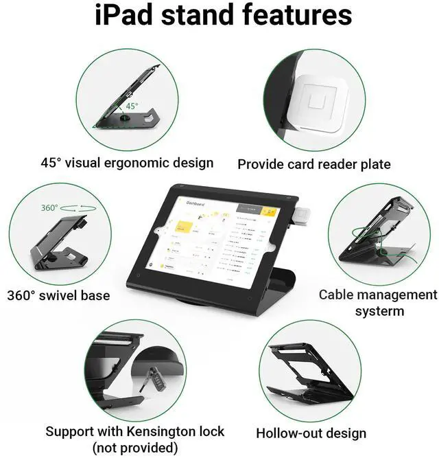 Alt view image 4 of 4 - Pinikox Retail Kiosk Tablet Stand Compatible with 10.2 inch iPad 9th 8th 7th Gen, Business Desktop POS Tablet Stand, Anti-Theft Lock, 360° Swivel Base, Metal, Black