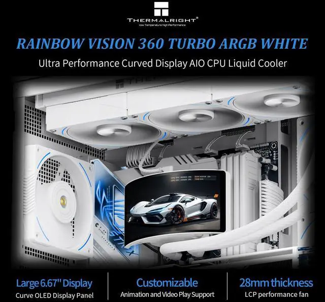 Alt view image 2 of 5 - Thermalright Rainbow Vision 360 Turbo ARGB White 360mm Aio Cooler, 60HZ Curved Screen with 2400x1080 Resolution,for AM4/AM5,Intel LGA1851/1700,6.67in 3D with Magnetic Suction Screen,3000RPM Fan Speed
