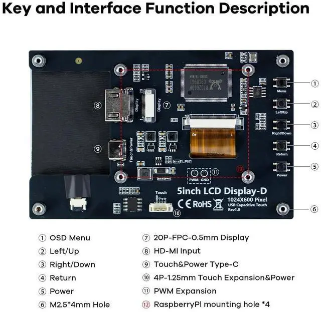Alt view image 4 of 5 - Hosyond 5 inches Touchscreen IPS LCD Display Panel 1024×600 HDMI Capacitive Screen for Raspberry Pi5/Pi4/Pi3/ZERO 2W, BB Black, Windows