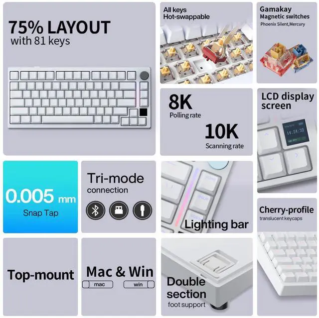 Alt view image 2 of 5 - GK GAMAKAY TK75HE V2 Rapid Trigger Wireless Keyboard TFT Screen, Tri-Mode BT/2.4GHz/USB-C, 8KHz Polling Rate 0.005mm RT, Hall Effect Magnetic Switch 75% Gaming Keyboard (White, Magnetic Phoenix)