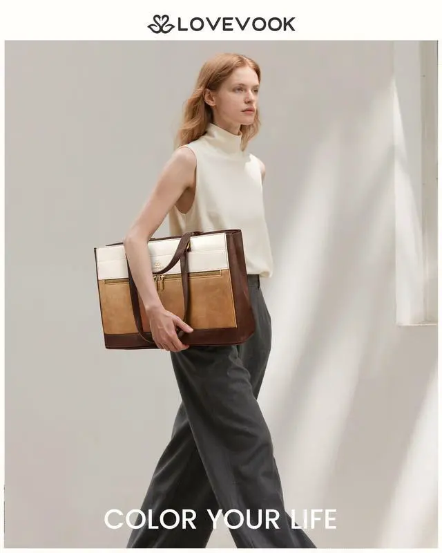 Alt view image 2 of 2 - LOVEVOOK Laptop Bag for Women,15.6 Inch Vintage Work Tote Bags for Women,Leather Teacher Bag,Large Computer Bag,Waterproof Handbags Womens Briefcase Office Messenger