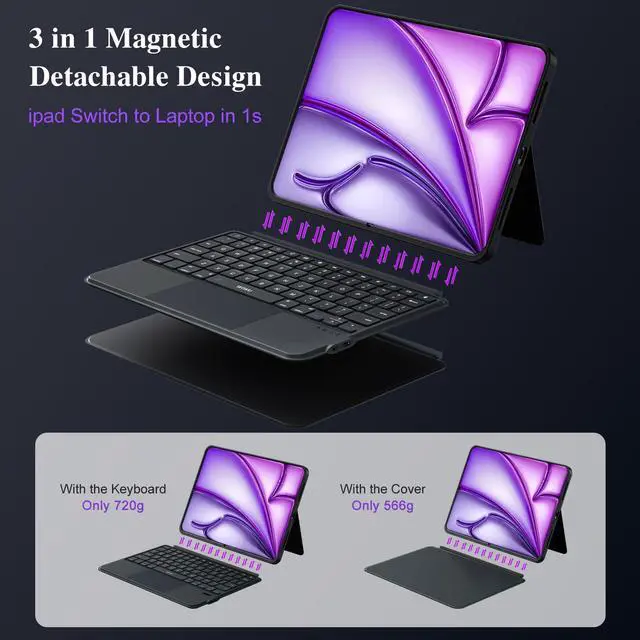 Alt view image 4 of 5 - iPad Keyboard Case for iPad Air 13 inch (M3 M2 2025 2024),Pro 12.9 inch 6/5/4/3rd Gen,Flex Magnetic Detachable Bluetooth Keyboard with Trackpad,Springy Backlit Keys,Slim iPad Case with Stand (Black)