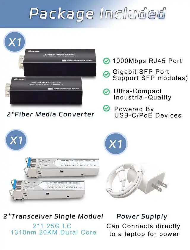 Alt view image 2 of 5 - Atroodac A Pair of Mini Gigabit Fiber Media Converter with 2Pcs 1.25G LC Dual Transceiver Module up to 20KM Plug and Play 10/100/1000Base-Tx RJ45 to 100/1000BASE-SX SFP Slot Ethernet Converter