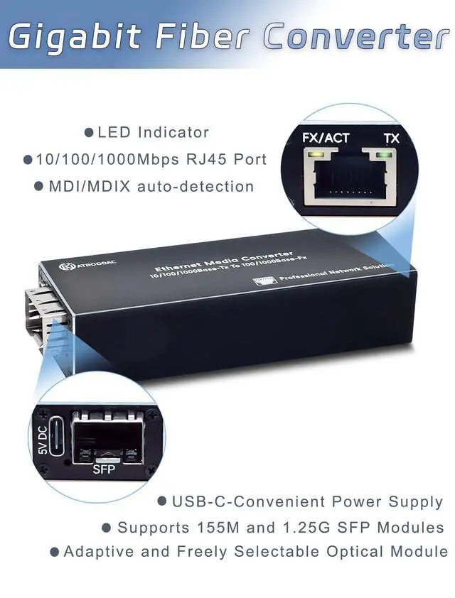 Alt view image 4 of 5 - Atroodac A Pair of Mini Gigabit Fiber Media Converter with 2Pcs 1.25G LC Dual Transceiver Module up to 20KM Plug and Play 10/100/1000Base-Tx RJ45 to 100/1000BASE-SX SFP Slot Ethernet Converter