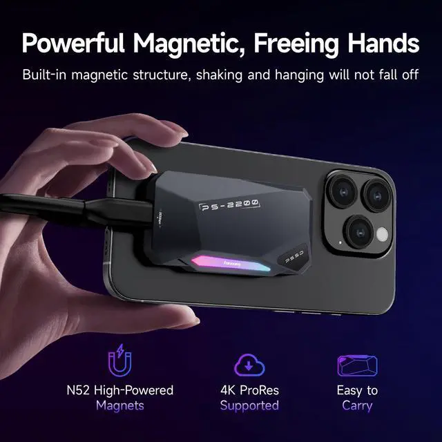 Alt view image 2 of 5 - 500GB Magnetic Portable SSD,2050MB/s Type-C USB 3.2 Gen 2x2 External SSD,4K ProRes Record and Store,Aluminum alloy,RGB Touch Lighting,External Solid State Drive for iPhone15/16/Android/PC/Mac -PS2200