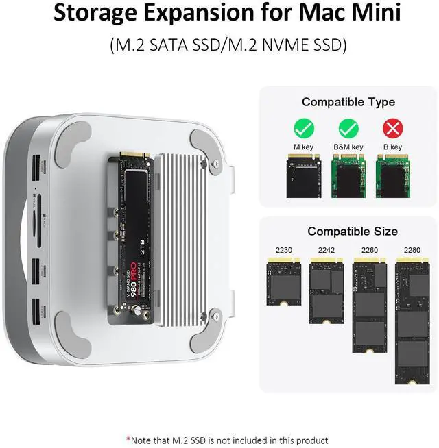 Alt view image 3 of 5 - Akyyajaure Mac mini Hub: 10 in 1 Aluminum Stand & Dock for Mac mini M4 Pro with M.2 NVMe SSD Enclosure, 4K60hz HDMI, 10Gbps USB-A*2, SD/TF Card Readers, USB 2.0