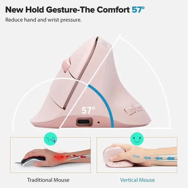 Alt view image 3 of 5 - DeLUX Ergonomic Mouse Wireless for Small Hands, Rechargeable Vertical Mouse, Lightweight, 4000DPI, 6 Buttons, 2.4G+BT5.2 Dual-Mode for Carpal Tunnel, for Window, macOS, Laptop (M618Air-Pink)
